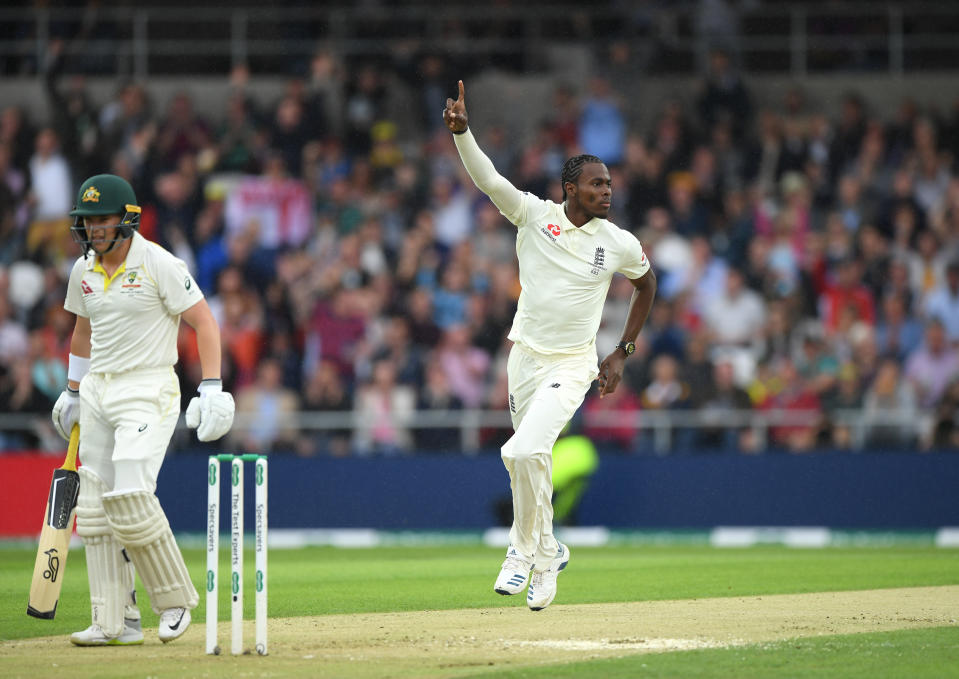 Australia opener Marcus Harris is dismissed by Jofra Archer. (Photo by Stu Forster/Getty Images)