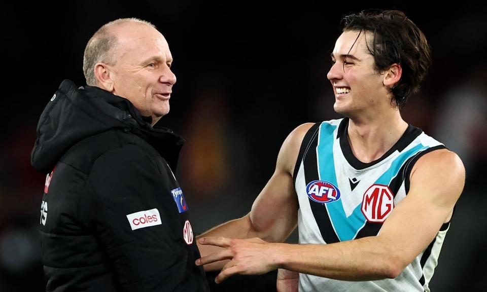 <span>Port Adelaide coach Ken Hinkley had been under pressure until the Power hung on for a two-point victory in the AFL clash with St Kilda.</span><span>Photograph: Quinn Rooney/Getty Images</span>