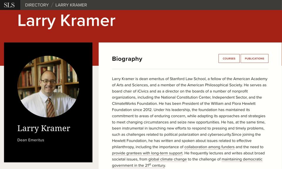 Stanford Law School bio page and picture for former dean Larry Kramer