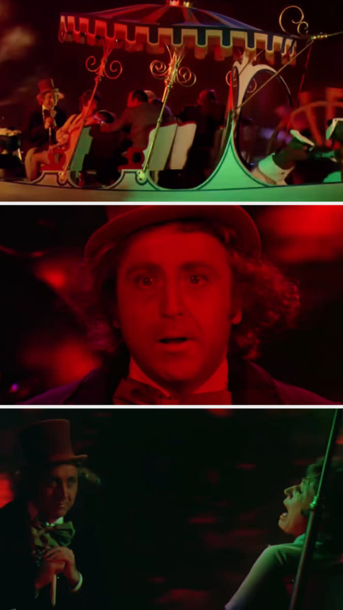 creepy boat scene with a woman screaming in fear as willy wonka just watches
