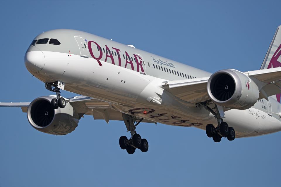 A Boeing 787-9 Dreamliner from Qatar Airways is landing at Barcelona Airport in Barcelona, Spain, on February 28, 2023