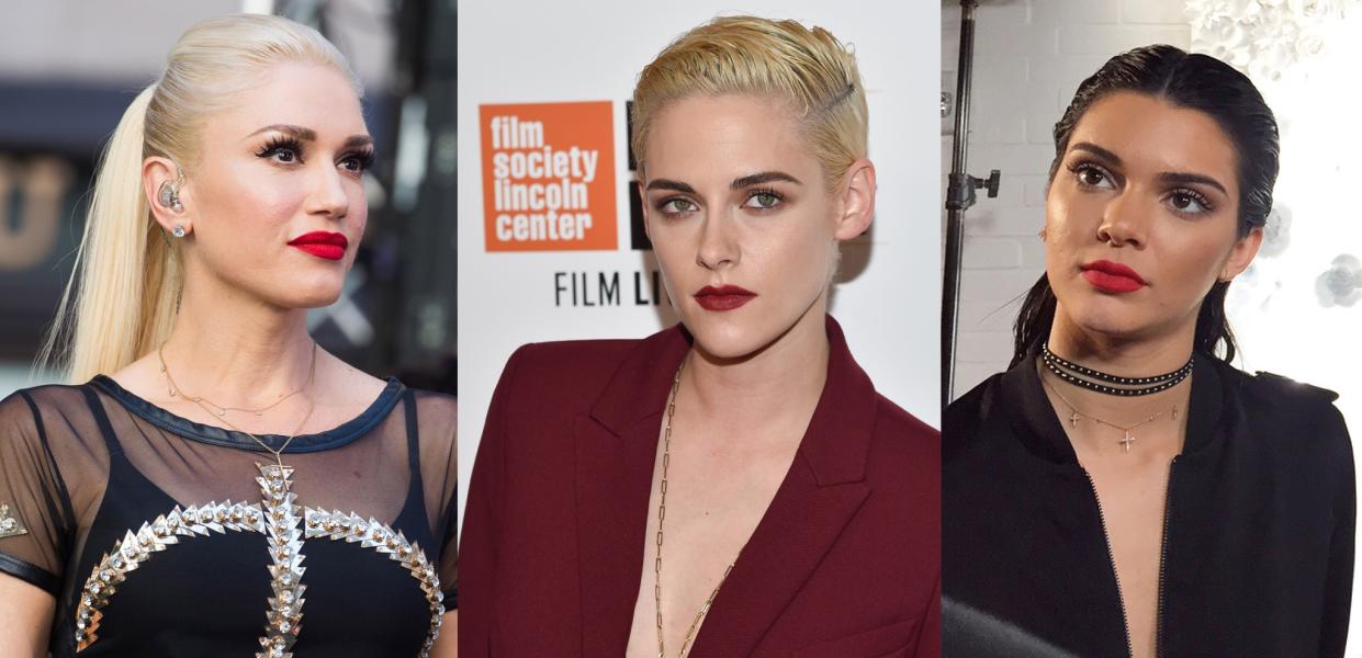 V.l.n.r.: Gwen Stefani, Kristen Stewart und Kendall Jenner stehen auf roten Lippenstift. (Bild: AP Images)