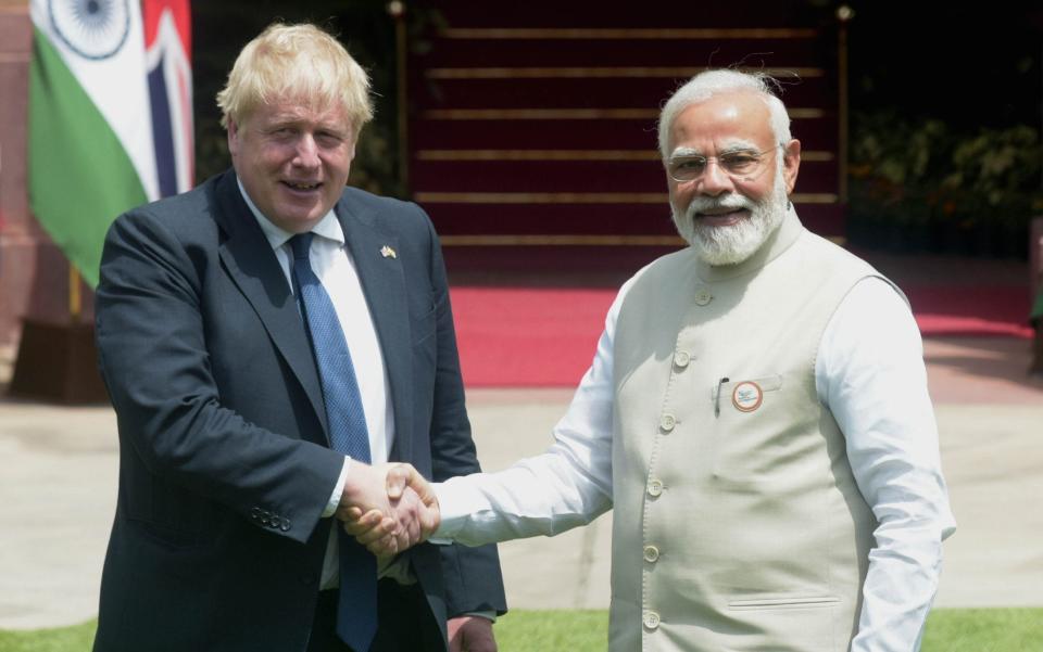 EW DELHI, INDIA - APRIL 22 : Indian Prime Minister Narendra Modi and Britain's Prime Minister Boris Johnson greet each other prior to a meeting at Hyderabad House in New Delhi, India on April 22, 2022 - Anadolu Agency