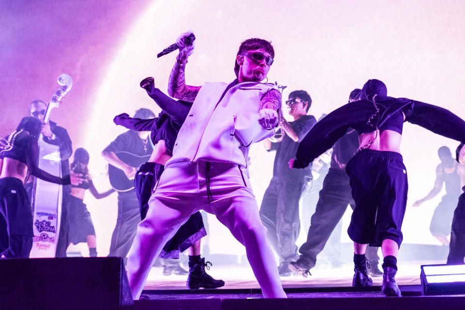 FILE - Peso Pluma performs during the the first weekend of the Coachella Valley Music and Arts Festival at the Empire Polo Club in Indio, Calif., April 12, 2024. (Photo by Amy Harris/Invision/AP File )