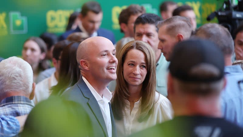 Gov. Spencer Cox and first lady Abby Cox greet supporters during the election night party in Salt Lake City on Tuesday, June 25, 2024.