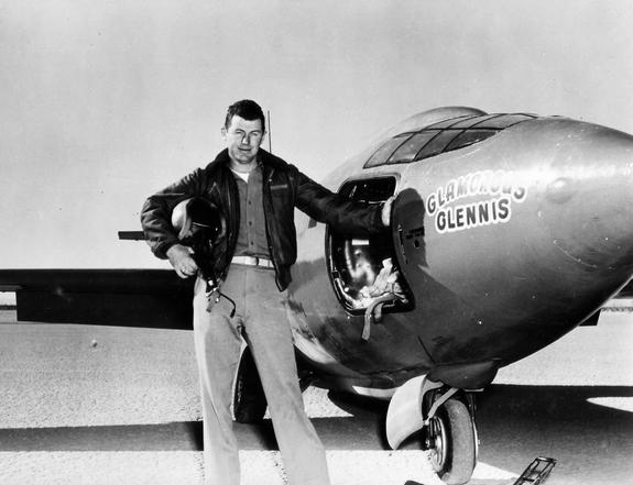USAF Capt. Charles E. Yeager (shown standing with the Bell X-1 supersonic rocket plane) became the first man to fly faster than the speed of sound in level flight on Oct. 14, 1947.