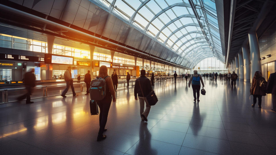 A busy airport terminal with travelers passing through on their leisure travels.