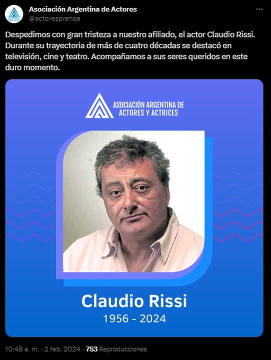 El mensaje de la Asociación Argentina de Actores por la muerte de Claudio Rissi (Foto: X @actoresprensa)