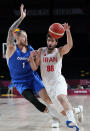 Iran's Behnam Yakhchalidehkordi (88) carries the ball past Czech Republic's Patrik Auda during men's basketball game at the 2020 Summer Olympics, Sunday, July 25, 2021, in Saitama, Japan. (AP Photo/Charlie Neibergall)