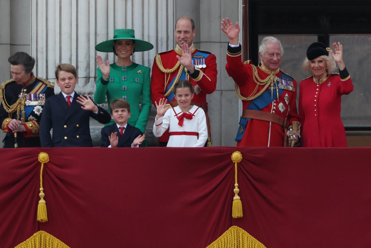 Britain's King Charles,Queen Camilla, Prince William, Catherine, Princess of Wales, Prince George, Princess Charlotte, Prince Louis and Anne, Princess Royal appear on the balcony of Buckingham Palace (REUTERS)