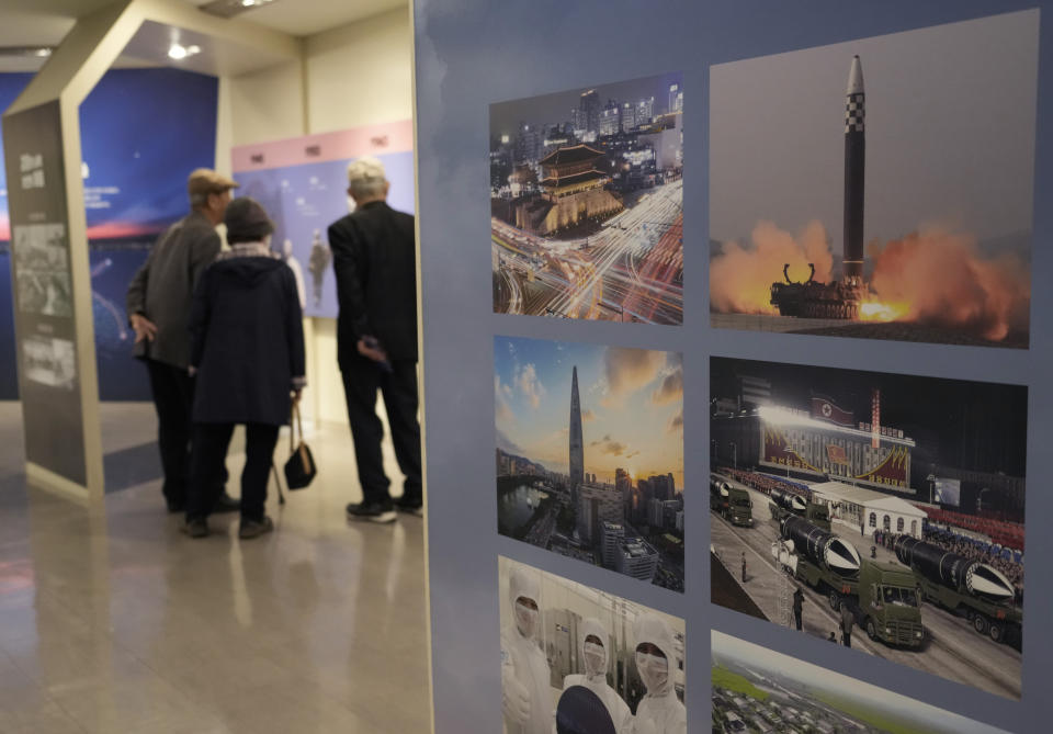 FILE - Photos showing North Korea's missiles, right, are displayed at the Unification Observation Post in Paju, South Korea, near the border with North Korea, April 11, 2023. Leaders of the Group of Seven advanced economies are generally united in voicing concern about China. The question is how to translate that worry into action. (AP Photo/Ahn Young-joon, File)