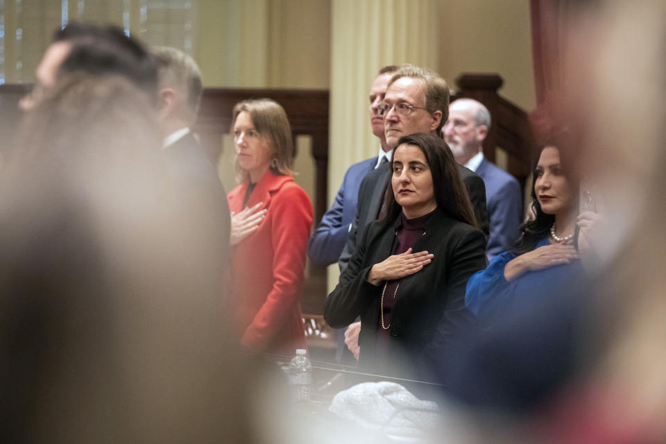 Sen. Monique Limón, D-Santa Barbara, pledges allegiance in the Senate chambers during the opening of the Legislature in Sacramento, Calif., on Monday Dec. 5, 2022. (Martin do Nascimento/CalMatters via AP, Pool)