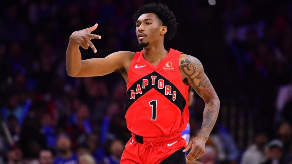 Toronto Raptors guard Armoni Brooks (1) reacts after scoring a three point shot in the fourth quarter against the Philadelphia 76ers at Wells Fargo Center