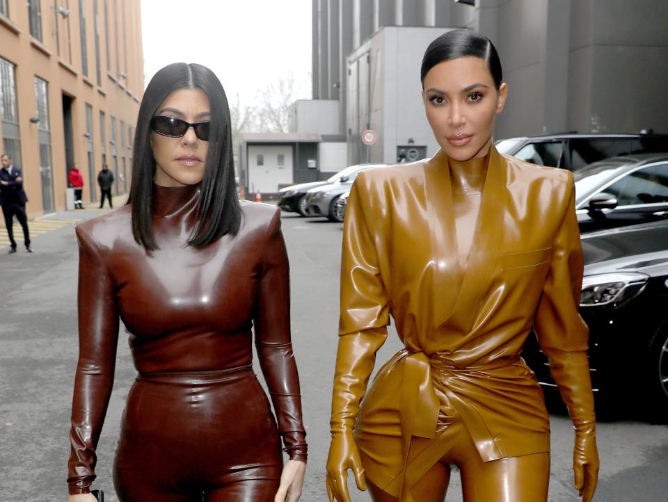 Kourtney Kardashian and Kim Kardashian on March 1, 2020 in Paris, France.