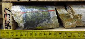 Chalcopyrite, pyrite, molybdenite porphyry-style mineralization, hosted within a quartz-carbonate vein in RVD21-01. This 1.08-metre sample from 80.11 metres returned 0.12 g/t Au, 7.80 g/t Ag, 0.33% Cu, 0.020% Mo, and 0.001% W.