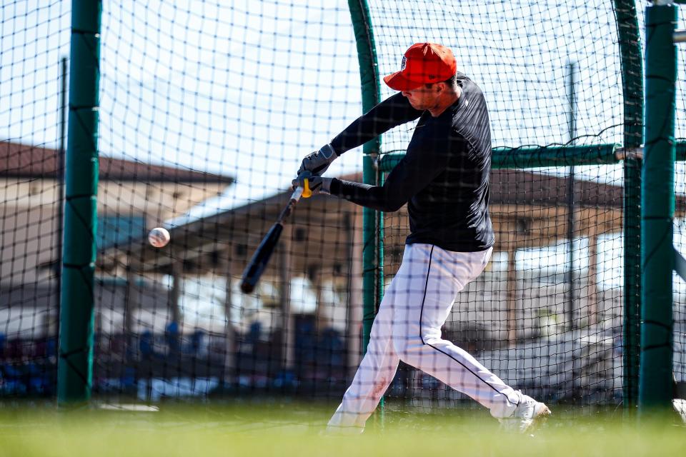 Detroit Tigers infielder Colt Keith bats during spring training at Joker Marchant Stadium in Lakeland, Florida, on Thursday, Feb. 22, 2024.