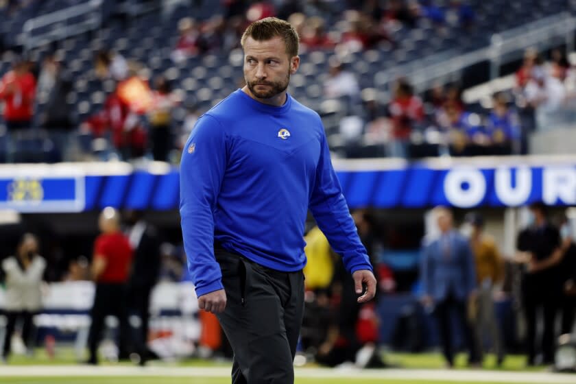 Rams coach Sean McVay watches his team warm up before facing the 49ers on Jan. 9