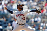 Houston Astros pitcher Cristian Javier (53) throws against the New York Yankees during the first inning of a baseball game Saturday, June 25, 2022, in New York. (AP Photo/Noah K. Murray)