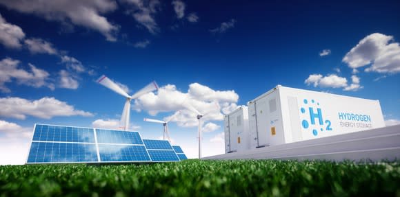 Solar panels, wind turbines, and fuel cells on green grass with a blue sky in the background.