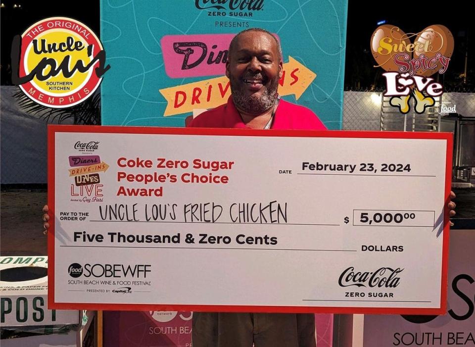 Lou Martin, the owner of Uncle Lou's Fried Chicken, won the People's Choice Award at the 2024 South Beach Food & Wine Festival's "Diners, Drive-Ins and Dives LIVE" event hosted by Guy Fieri. It was his second year in a row to win the title.