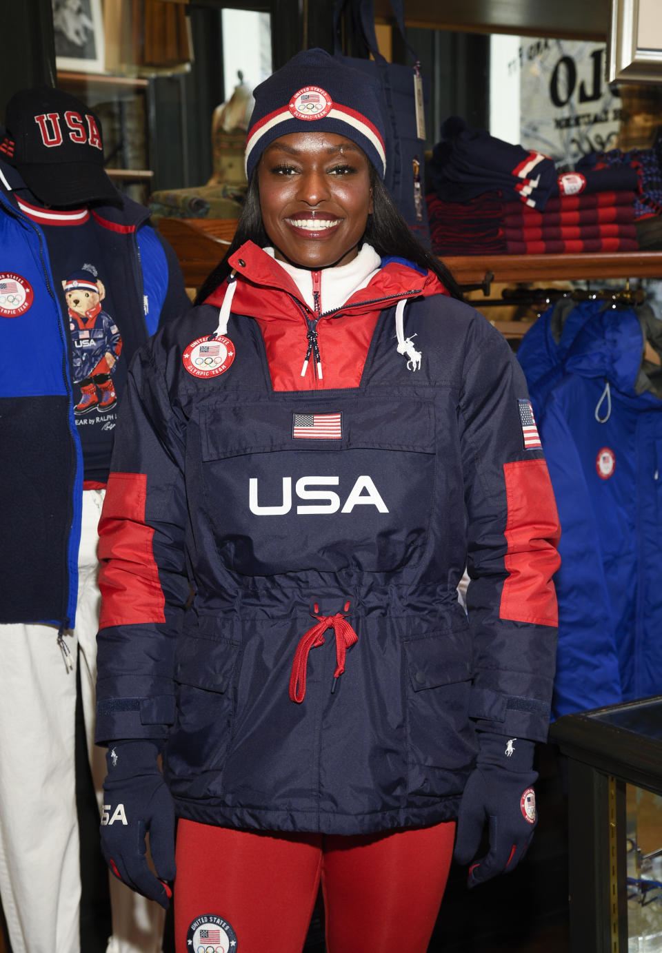 Bobsledder Aja Evans models the Team USA Beijing winter Olympics opening ceremony uniforms designed by Ralph Lauren on Wednesday, Jan. 19, 2022, in New York. (Photo by Evan Agostini/Invision/AP)