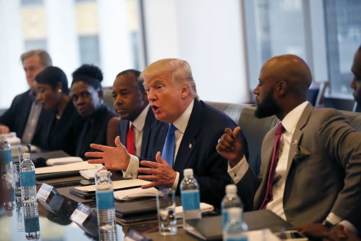 Donald Trump, with Ben Carson to his right, meets with the Republican Leadership Initiative at Trump Tower in New York on Thursday. (Photo: Gerald Herbert/AP)