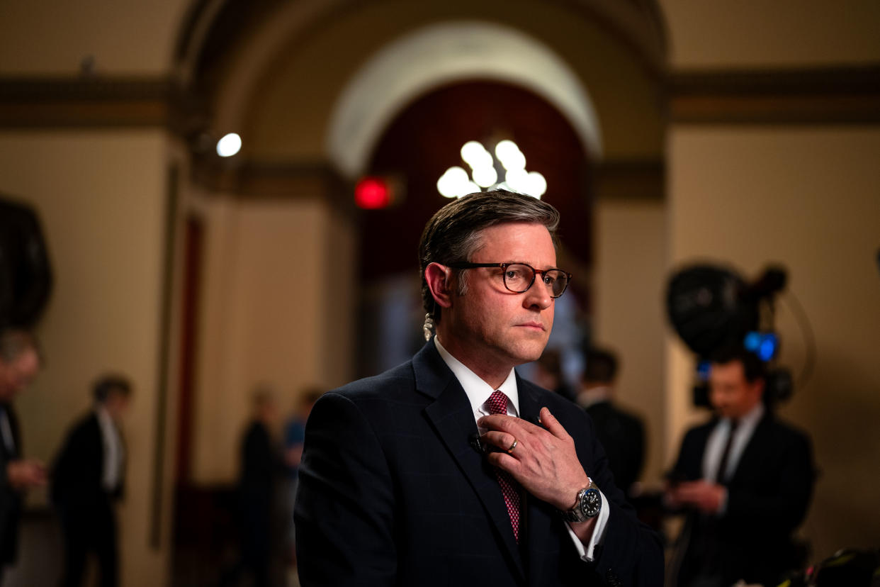 WASHINGTON, DC - APRIL 17: Speaker of the House Mike Johnson (R-LA) does an interview with CNN at the U.S. Capitol on April 17, 2024 in Washington, DC. The U.S. Senate dismissed the articles of impeachment against Secretary of Homeland Security Alejandro Mayorkas after voting on party lines that the charges did not meet the constitutional bar of high crimes or misdemeanors. Photo by Kent Nishimura/Getty Images)