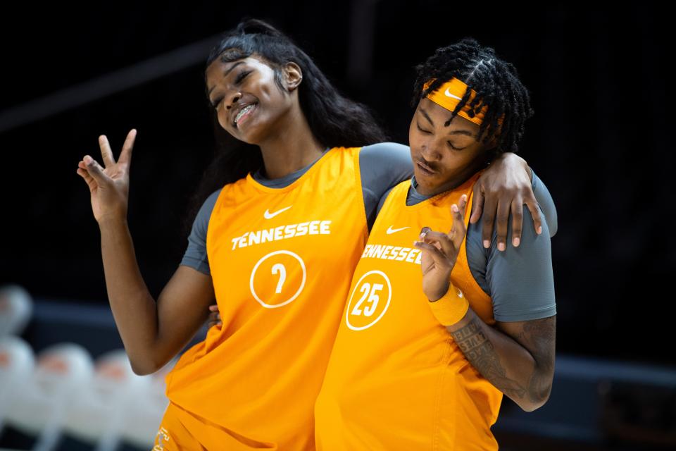 Tennessee forward Rickea Jackson (2) and Tennessee guard Jordan Horston (25) take a photo together during the Lady Vols' media day at Thompson-Boling Arena on the University of Tennessee campus in Knoxville on Wednesday, Oct. 26, 2022.