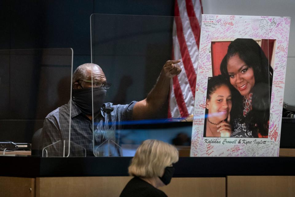 Kenneth Crowell points his finger at Marlin Joseph, who was convicted of murdering Crowell's daughter Kaladaa Crowell and his 11-year-old granddaughter Kyra Inglett, during the pre-sentencing hearing for Marlin Joseph  in the Palm Beach County Courthouse on  October 16, 2020 in West Palm Beach, Florida. (GREG LOVETT / The Palm Beach Post)