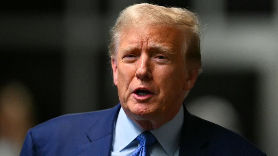 PHOTO: Former President Donald Trump speaks to the press at the end of the day of his trial for allegedly covering up hush money payments linked to extramarital affairs, at Manhattan Criminal Court in New York City, May 9, 2024. (Angela Weiss/POOL/AFP via Getty Images)
