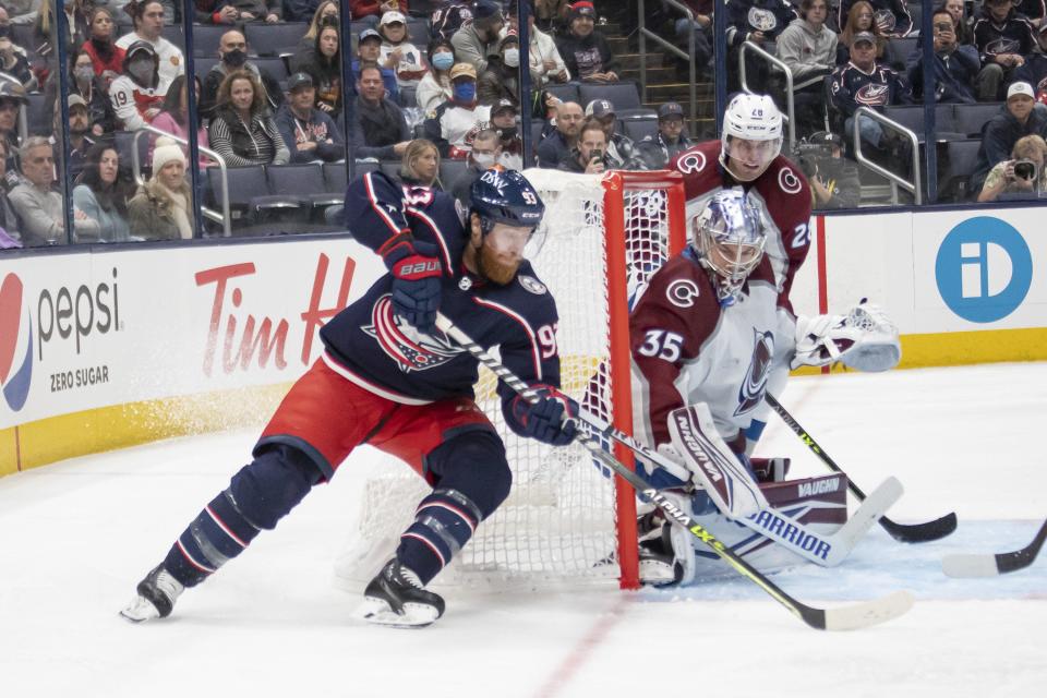 Columbus Blue Jackets right wing Jakub Voracek (93) attempts a wrap around goal while Colorado Avalanche goaltender Darcy Kuemper (35) makes the save during the second period of the NHL game at Nationwide Arena in Columbus, Ohio Nov. 6.