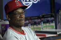 Los Angeles Angels manager Ron Washington sits in the dugout before the team's baseball game against the Tampa Bay Rays on Wednesday, April 17, 2024, in St. Petersburg, Fla. (AP Photo/Steve Nesius)