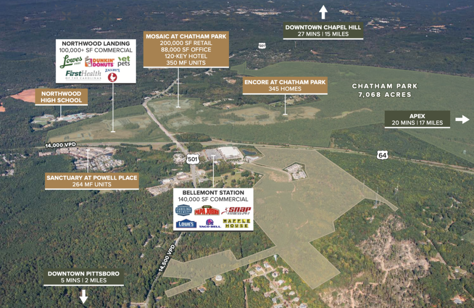 Aerial photo of two parcels nearby at the intersection of U.S. Highway 64 and U.S. Highway 15-501 that are currently for sale in Pittsboro.