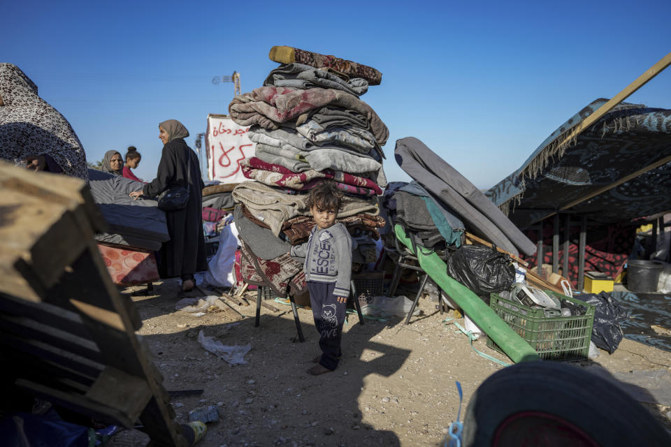 FILE - Displaced Palestinians arrive in central Gaza after fleeing from the southern Gaza city of Rafah in Deir al Balah, Gaza Strip, on Wednesday, May 8, 2024. Palestinians on Wednesday, May 15, 2024, will mark the 76th year of their mass expulsion from what is now Israel. It’s an event that is at the core of their national struggle, but in many ways pales in comparison to the calamity now unfolding in Gaza. (AP Photo/Abdel Kareem Hana, File)