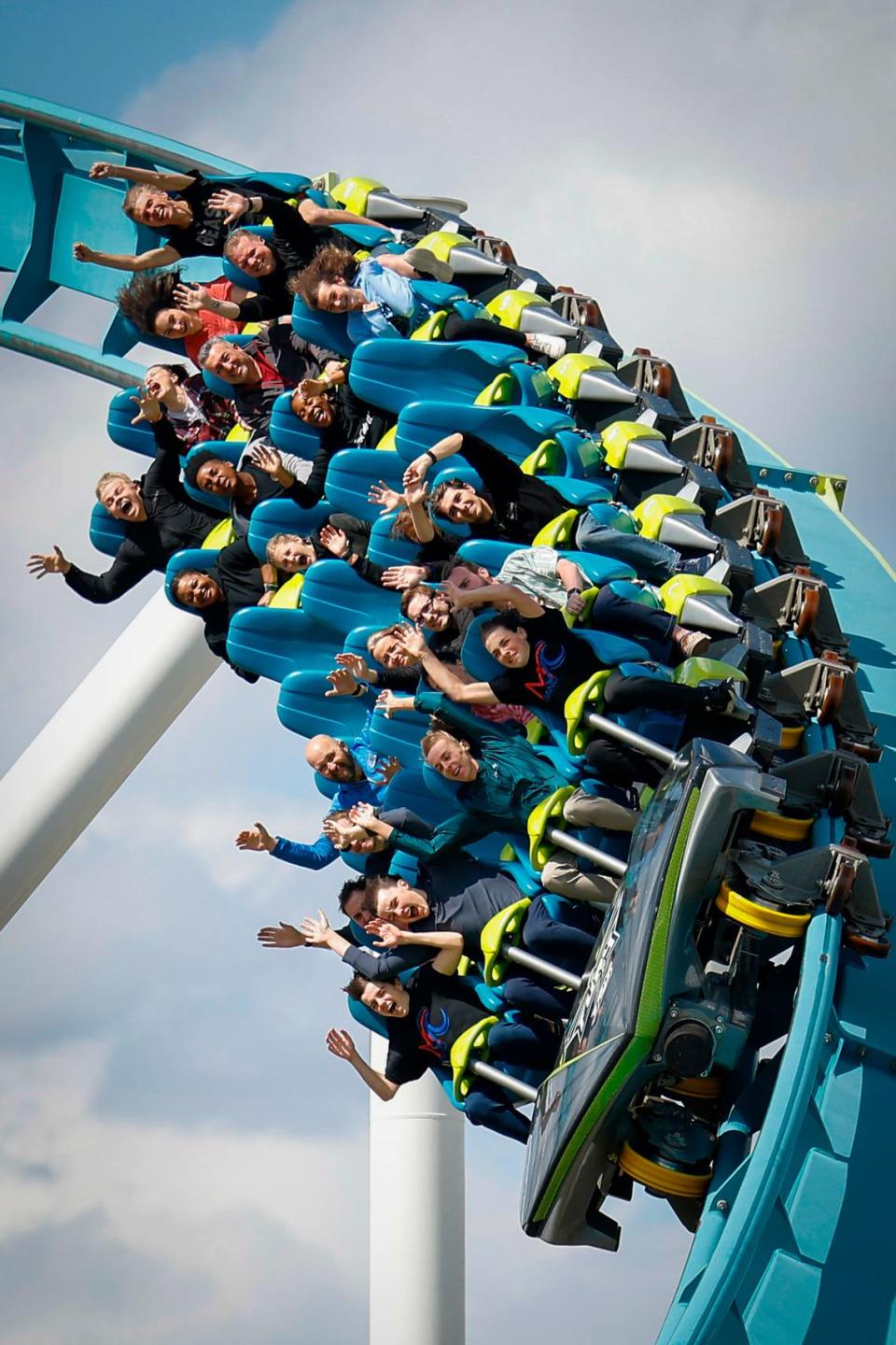 Riders make a turn on Fury 325 at Carowinds in Charlotte, N.C., Friday, April 8, 2022. Fury 325 was unveiled in 2015 and currently remains one of the tallest, fastest and longest roller coasters in the world.