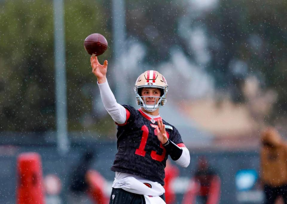 San Francisco 49ers quarterback Brock Purdy throws the ball during practice on Super Bowl bye week at Levi’s Stadium practice facility in Santa Clara, California, on Feb. 1, 2024. (Shae Hammond/Bay Area News Group/TNS)