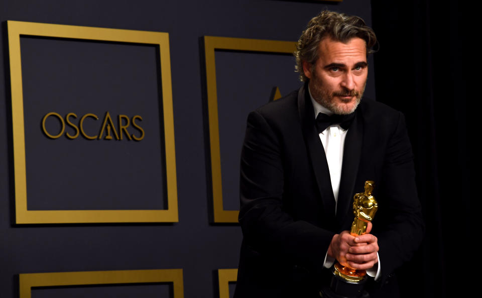 Joaquin Phoenix with his Best Actor Oscar for Joker in the press room at the 92nd Academy Awards held at the Dolby Theatre in Hollywood, Los Angeles, USA. (Photo by Jennifer Graylock/PA Images via Getty Images)