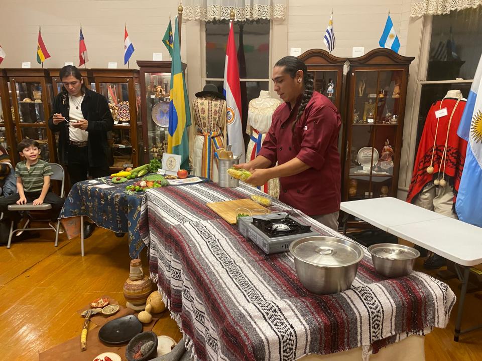 Isaac EagleBear Alvarado demonstrates cooking techniques and shares recipes using native Texas ingredients at the Instituto de Cultura Hispánica de Corpus Christi's "Decolonizing Thanksgiving" event on Saturday.