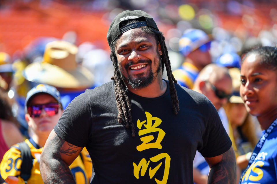 HONOLULU, HAWAII - AUGUST 17: Retired NFL footballer Marshawn Lynch is all smiles before the preseason game between the Dallas Cowboys and the Los Angeles Rams at Aloha Stadium on August 17, 2019 in Honolulu, Hawaii. (Photo by Alika Jenner/Getty Images)