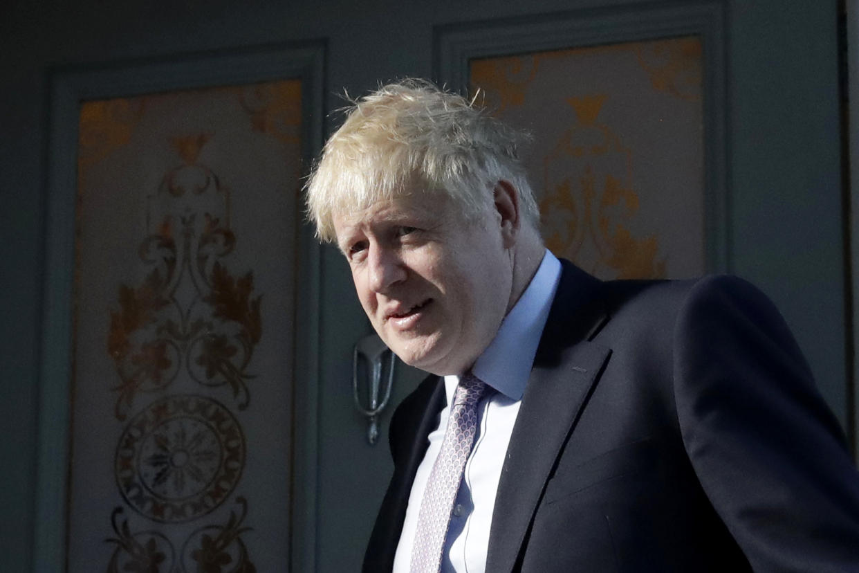 British Conservative party leadership and prime minister contender Boris Johnson leaves home in South London in London, Thursday, June 20, 2019. The race to become Britain's next prime minister is down to the final four on Wednesday, as Johnson stretched his lead among Conservative lawmakers and upstart Rory Stewart was eliminated from the contest. (AP Photo/Matt Dunham)