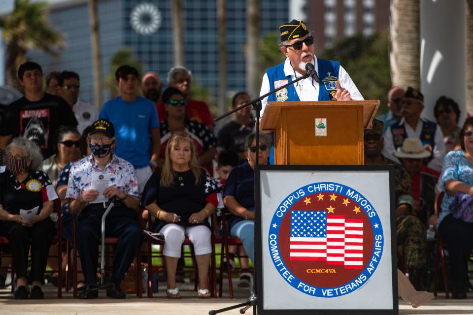 Keynote speaker Lou Villagomez delivers remarks at a Memorial Day ceremony on Monday, May 30, 2022 at Sherrill Park.