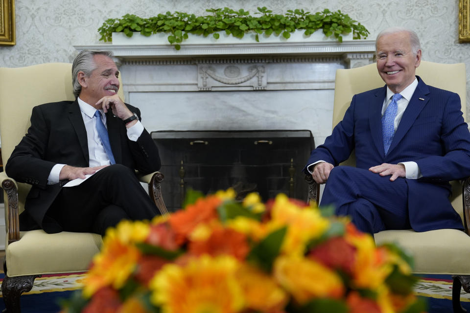 President Joe Biden meets with Argentina's President Alberto Fernandez in the Oval Office of the White House in Washington, Wednesday, March 29, 2023. (AP Photo/Susan Walsh)