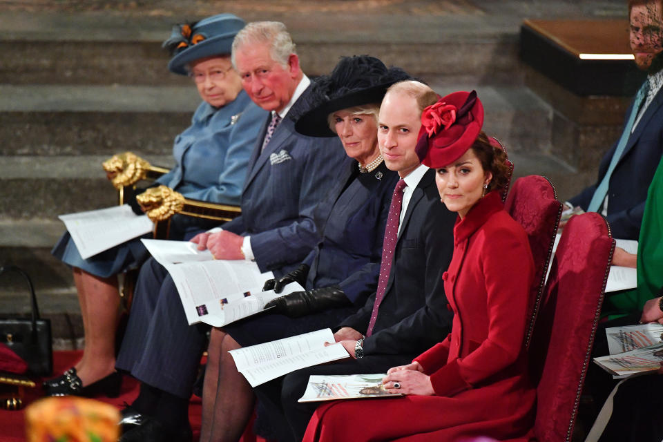 LONDON, ENGLAND - MARCH 09:  Queen Elizabeth II, Prince Charles, Prince of Wales, Camilla, Duchess of Cornwall, Prince William, Duke of Cambridge and Catherine, Duchess of Cambridge attend the Commonwealth Day Service 2020 on March 9, 2020 in London, England. (Photo by Phil Harris - WPA Pool/Getty Images)