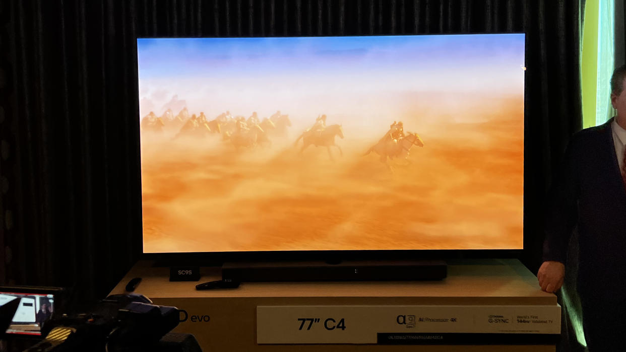  The LG C4 TV in a hotel room, demoing a movie. 