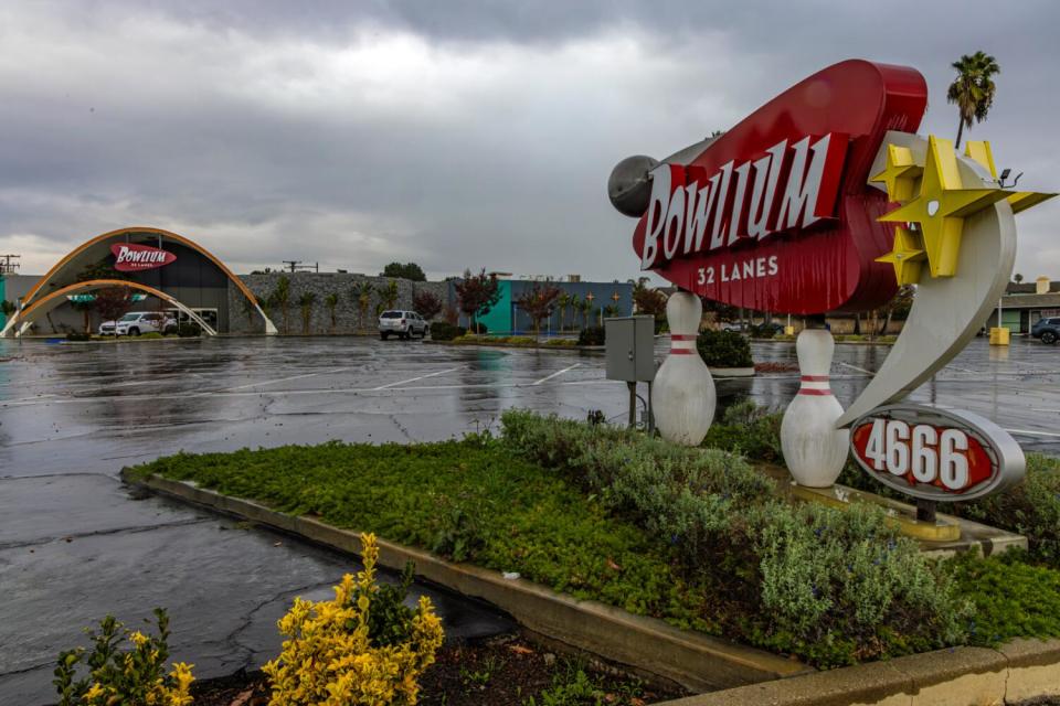 The Bowlium parking lot on a rainy day.