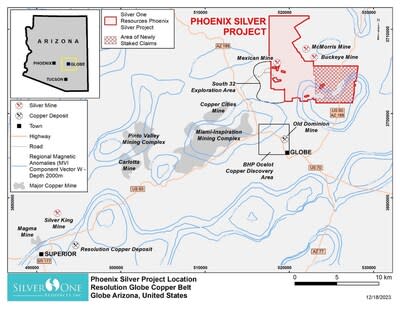 Figure 3: Phoenix Silver location map showing new claims staked in October and December 2023 as well as the location of Miami-Inspiration mining complex and BHP’s porphyry copper discovery area.  Blue contours are northeast-oriented regional magnetic (MVI – contour interval 0.0002 SI) anomalies which form a spatially coincident  signature of the mineral belts of the Miami-Globe porphyry copper district.