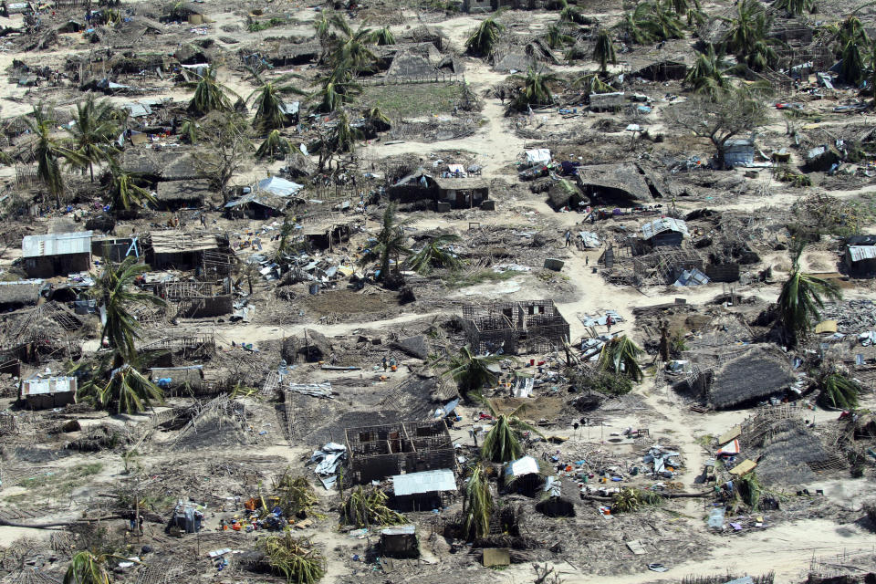 FILE - In this Wednesday, May, 1, 2019 file photo, widespread destruction caused by Cyclone Kenneth, which arrived just six weeks after Cyclone Idai, is seen from the air after it struck Ibo island north of Pemba city in Mozambique. These African stories captured the world's attention in 2019 - and look to influence events on the continent in 2020. (AP Photo/Tsvangirayi Mukwazhi, File)