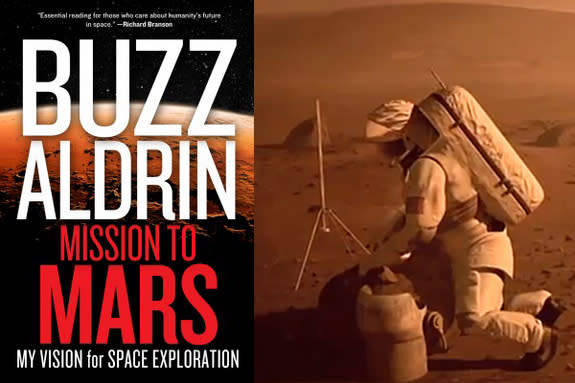 The cover of Apollo 11 moonwalker Buzz Aldrin's book "Mission to Mars: My Vision for Space Exploration" and a still from a video preview. The book lays out Aldrin's plan to land humans on Mars by 2035.