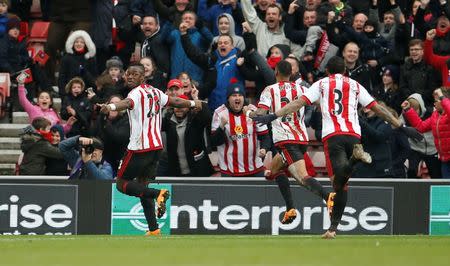 Football Soccer - Sunderland v Manchester United - Barclays Premier League - Stadium of Light - 13/2/16 Lamine Kone celebrates with team mates after scoring the second goal for Sunderland Action Images via Reuters / Lee Smith Livepic