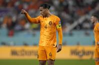 Virgil van Dijk of the Netherlands during the World Cup round of 16 soccer match between the Netherlands and the United States, at the Khalifa International Stadium in Doha, Qatar, Saturday, Dec. 3, 2022. (AP Photo/Martin Meissner)